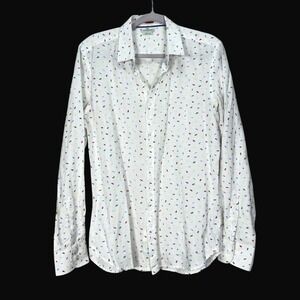 Stile Benetton Women White Confetti Print Cotton Linen‎ Slim Fit Button Down L